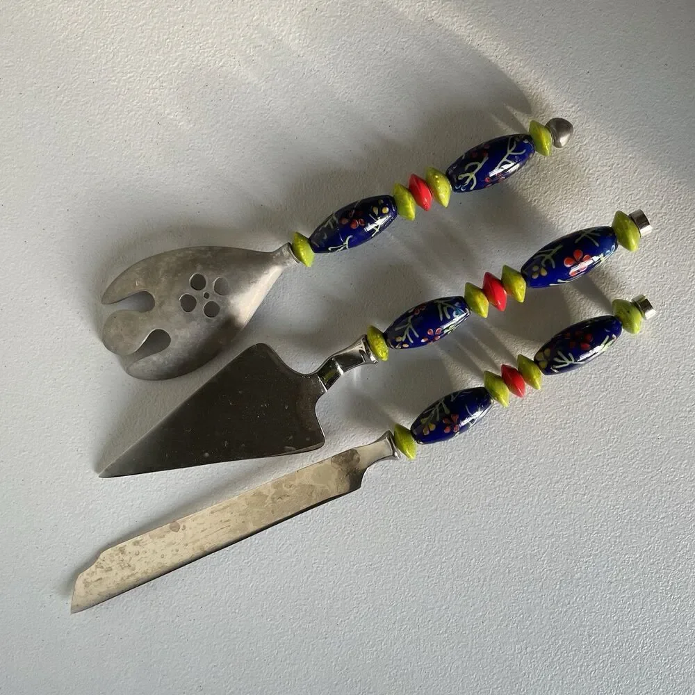 Kitchen Utensils Spoon Pie Server Knife Ceramic Pottery Handle Steel Set of 3